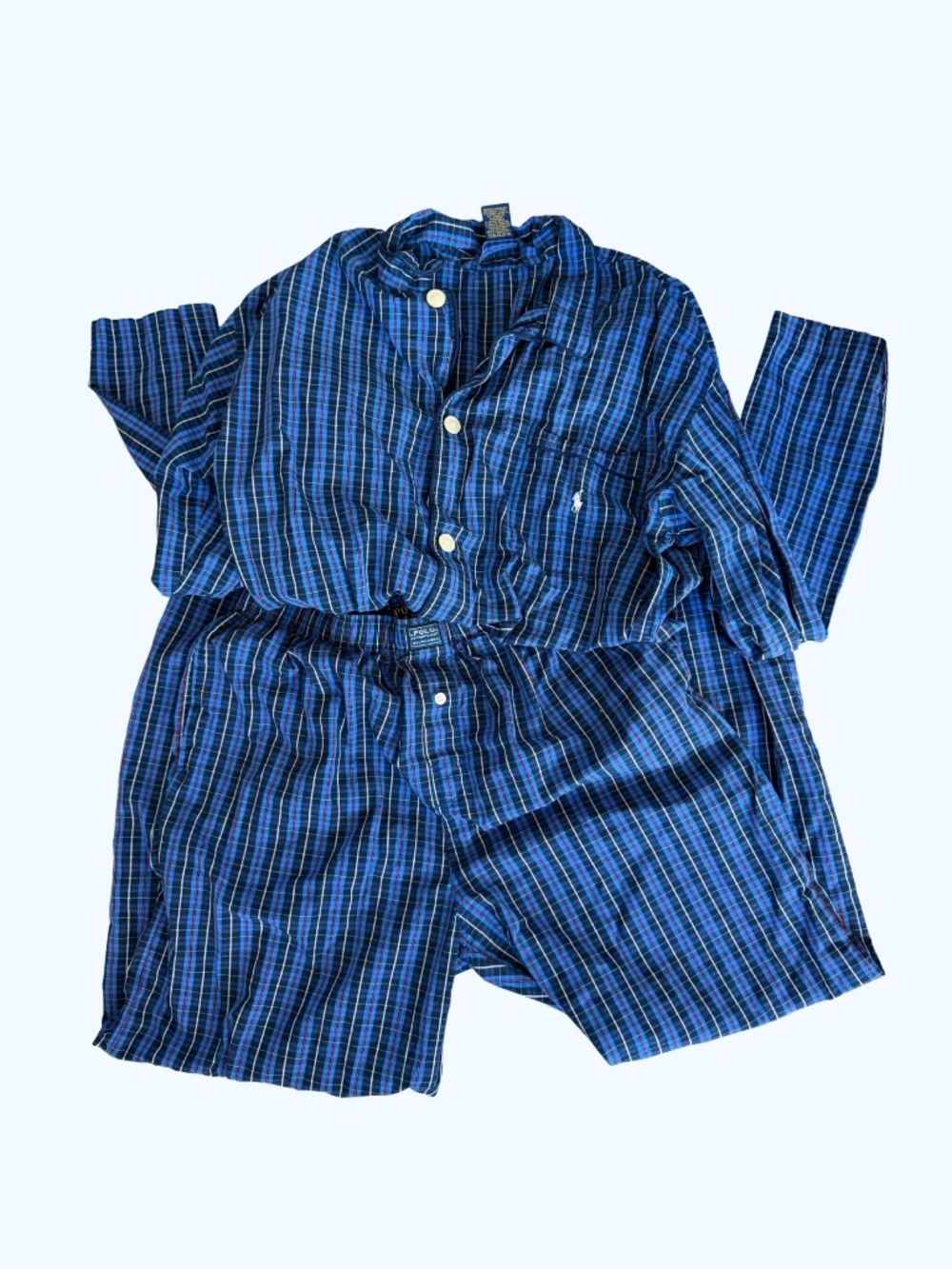 VINTAGE Polo Ralph Lauren Cotton Men's Pajama Set Plaid Blue Sz Medium